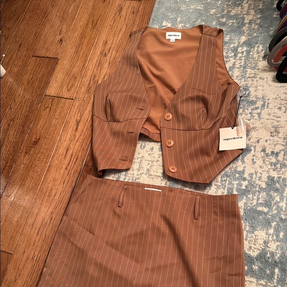 Superdown Brown Pinstripe Vest and Skirt Set
